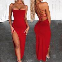 【HOT】﹍卐 Backless Split Color Spaghetti Bandage Slit