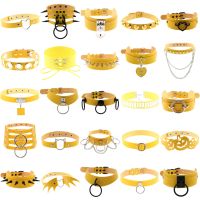 【LZ】 Punk yellow PU Leather Halloween pumpkin Bells Choker chains Necklace for Women egirl cross pendant Statement gothic Jewelry