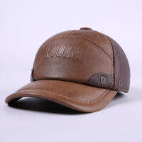 RY153ฤดูหนาวของแท้หนัง Patchwork เบสบอลหมวกสำหรับชาย Golf Peaked Dome หมวกชายตัวอักษรปรับหู Warm Casquette