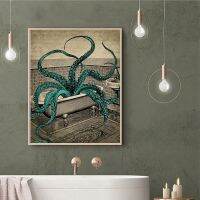 Octopus ผ้าใบโปสเตอร์ Bath Wall Art พิมพ์ภาพวาด-Sea Life Art รูปภาพสำหรับตกแต่งผนังห้องน้ำ0804