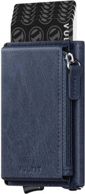 VULKIT Credit Card Holder with Leather Zipper Pocket Pop up wallet RFID Blocking Slim Metal Card Case for Men or Women(Navy)