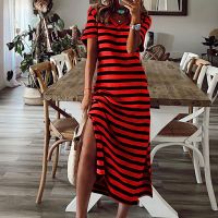 【YF】 Summer Beach Maxi Dress Women Striped Boho Loose Long Ruffles Wrap Casual V-Neck Split Sexy Party Robe