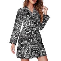 【LZ】✜  Paisley-paisley pijamas para mulheres vestido de gola v manga comprida cor cinza e preta design de moda