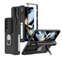 Samsung Galaxy Z Fold 4 Case with Transitable Camera Cover &amp; Tempered Glass Screen Protector,Built-in 100 °Folding Kickstand &amp; 360 °Rotating Ring &amp; Drawer Pen Holder Cover for Z Fold4 5G