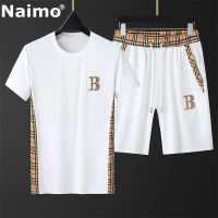 Naimo T เสื้อผู้ชายลายสก๊อตผู้ชายเย็บปักถักร้อยชุดกีฬาผู้ชาย2ชิ้นชุดกางเกงขาสั้นแขนสั้นผู้ชาย