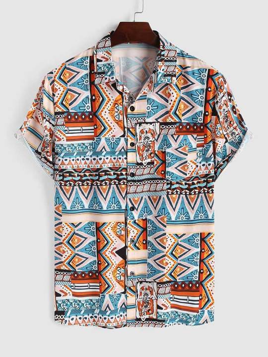 เสื้อ-zaful-สำหรับผู้ชายพิมพ์ลายชนเผ่าเสื้อเชิ้ตแนวสตรีทแวร์มีกระเป๋าสำหรับวันหยุดแขนสั้นเสื้อสตรีชนเผ่าฤดูร้อน