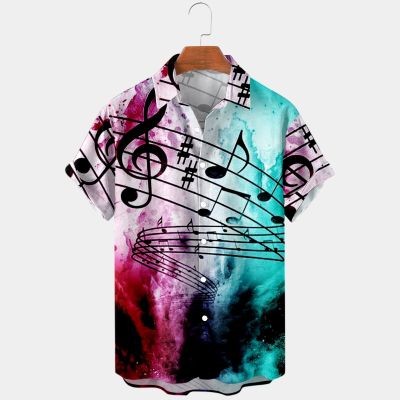 ZZOOI Summer Men Hawaiian Shirt Top Short Sleeve Tie Dye Musical Note Pattern Button Down Collar Shirts Blouse