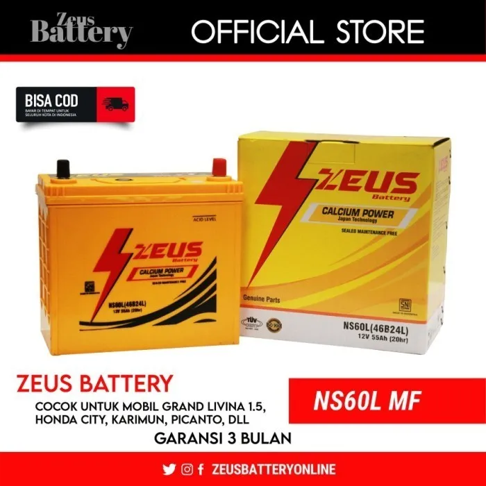 Aki Mobil Nissan March Zeus Battery NS60L Calcium Power Aki Kering