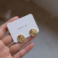 S925 Needles Vintage Engraved Queen Portrait Coin Gold Stud Earrings for Women Circle Pendant Cute Metal Jewelry Female Daily