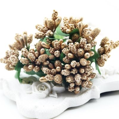 【CC】 24pcs/2bundles mini Bud Gold Stamens Garden Artificial Bouquet Wedding Decoration Fake Flowers
