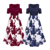 ROSEGAL Plus ขนาดผู้หญิงชุดดอกไม้พิมพ์ไหล่เย็น A Line Midi ชุดลำลองเอวสูงยืด Vestidos Robe 5XL