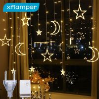 xflamper 3.5M 138 LED Star Moon Curtain String Lights with 8 Flashing Modes IP44 Ramadan Wedding Party Home Decorations