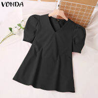 VONDA เสื้อลำลองคอวีแขนพัฟสีทึบ (ลำลองเกาหลี) #2