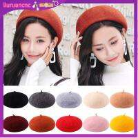 LIURU ขนสัตว์หนาขึ้น หมวกเบเร่ต์ขนสัตว์ อบอุ่นและอบอุ่น สีทึบทึบ หมวกเบเร่ต์ศิลปิน ภาษาฝรั่งเศสคำ อุปกรณ์เสริมเสริม หมวกแก๊ปแบน หญิงหญิงหญิง