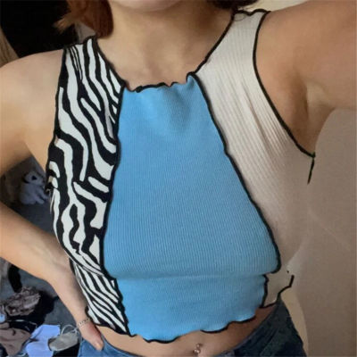 Women Casual Short Tank Tops Summer s Contrast Color Ze-Stripe Print Lettuce Trim Round Neck Slim Crop Top Vest Vintage