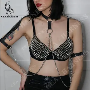 Gothic Lingerie: Punk Faux Leather Bondage Bra With Metal Rivets