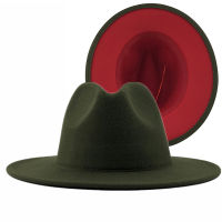 U Ni นอกกองทัพสีเขียวภายในขนสัตว์สีแดงรู้สึกแจ๊ส Fedora หมวกด้วยเข็มขัดบางหัวเข็มขัดผู้ชายผู้หญิงปีกกว้างปานามาสักหลาดหมวก L XL