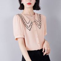 【มีไซส์ใหญ่】Plus Size Womens Short Sleeve Chiffon Summer Blouses Ladies Office-wear Pink White OL Tops