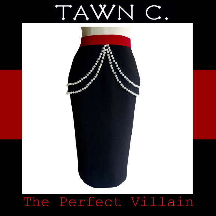 tawn-c-the-perfect-villain-collection-black-crepe-phoebe-skirt-with-pearl-embroidery-กระโปรงสอบผ้าเครปดำแต่งขอบแดงปักมุก