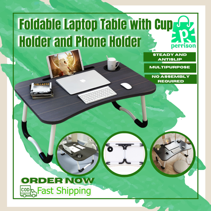Perisson Foldable Laptop Table with Cup Holder and Phone Holder
