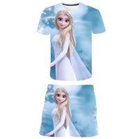 Elsa Princess Print Summer Girls Summer Clothing Set Casual Fashion T shirt Top Casual Short Pants Sets Girls Clothing 6M-14T