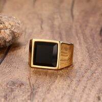 Men Square Black Stone Signet Gold Stainless Steel Party Rings for Men