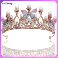 XIHONEY นางแบบแคทวอล์ค วันเกิด แฮนด์เมด Tiaras สำหรับเด็กผู้หญิง ที่คาดผมไข่มุก มงกุฏเจ้าหญิง ผีเสื้อ