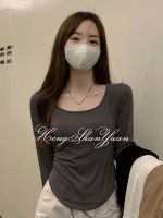 HengShanYuan เสื้อยืดสตรีแขนยาวไม่สม่ำเสมอ Slim Casual Short Tops Women Bottoming Shirts