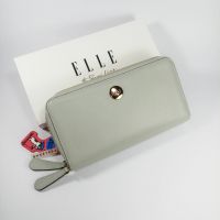 ELLE bag กระเป๋าสตางค์ผู้หญิงใบยาว สีเทา ซิปรอบ ซิปสองช่อง อะไหล่สีทอง หนังลาย หนังแท้100%