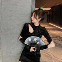 361 Real Shot Video Autumn And Winter New Hollow Out Waist Bag Buttocks Look Thin Base Shiny Velvet Dress