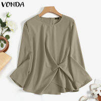 VONDA เสื้อพลีทหลวมวินเทจสำหรับผู้หญิงเสื้อสำนักงานแขน3/4แบบสวมหัว (ลำลองเกาหลี) #2เสื้อคอลูกเรือแฟชั่น