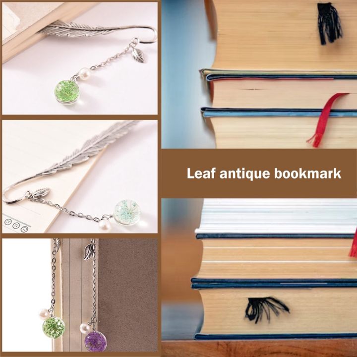 6-pieces-metal-feather-bookmarks-with-dry-flower-pearl-pendant-crafts-vintage-creative-book-mark-clip-page-marker