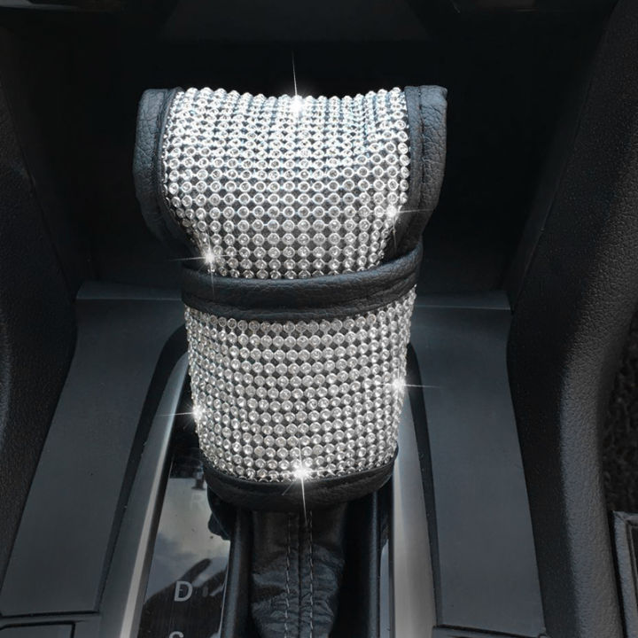 bling-bling-car-gear-shift-cover-seat-belt-cover-waist-support-neck-pillow-wheel-cover-crystal-diamond-car-decor-accessories-set