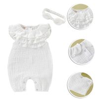 Mikrdoo Newborn Girl Romper Cotton Linen Solid Summer Bodysuit and Headband 2 Pcs. Outfit 0-18 Months