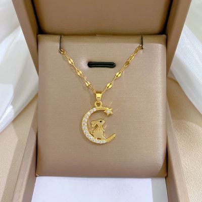 Fashion Exquisite Star Moon Rabbit Stainless Steel Necklace For Women Luxurious Banquet Wedding Pendant Necklace Jewelry Gift