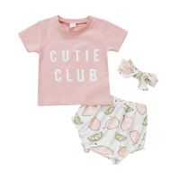 Infant Baby Girls 3PCS Summer Pants Suit, Short Sleeve Letters O-Neck Tops, Ruffle Lemon Triangle Pants, Bow Headband Set  by Hs2023