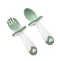 2Pcs Baby Spoon &amp; Fork Silicone Solid Feeding Cutlery Set Short Handle Training Spoons for Children Kids Infant Tableware Set Bowl Fork Spoon Sets