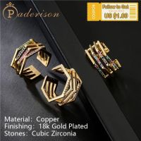 Geometric Hex Nuts Opening Ring For Women Hollow Out Hexagon Wide Adjustable Ring Copper 18K Gold-Plating Gold Color Zircon Ring