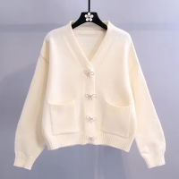 Autumn Winter Solid Chic Butterfly Rhinestone Buttons Knitted Cardigan Sweater Korean V-neck Pocket Streetwear Oversized Sweater