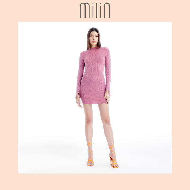 milin-high-neckline-with-open-back-long-sleeves-fitted-knitted-bustier-dress-เดรสคอสูงเปิดด้านหลังทอนิตติ้งทรงเข้ารูปแขนยาว-flirt-dress