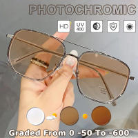 Photochromic ป้องกันแสงสีฟ้าแว่นตาที่มีสายตาสั้นองศาคู่สะพานนักบินสไตล์กลางแจ้งป้องกันรังสียูวีแว่นตาเลนส์เปลี่ยนสีสีเทา/สีฟ้า/ชมพู/ชา