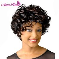 Amir Kinky Curly Wigs For Women Short Wig Black Curly Hair Mixed Brown Afro Wig synthetic Fiber Hair Cosplay wig Gift ของขวัญ