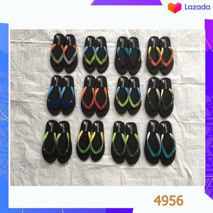 ยกโหล 12คู่ SCORPION รองเท้าแตะยางพาราหูคีบ  รุ่น พื้นดำ (หูสองสี คละสี คละไซต์9-11)
