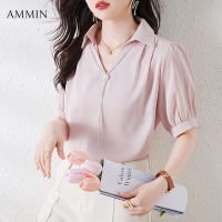 AMMIN เสื้อเชิ้ตแขนสั้นของผู้หญิงคอวี,เสื้อเชิ้ตลำลองสำหรับเดินทางไปทำงานคอวีใหม่ฤดูร้อน2023