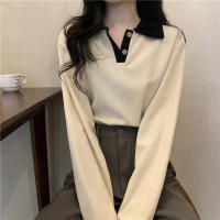 Spring French minority color matching polo collar corduroy top womens design sense loose youthful-looking long sleeve T-shirt ins