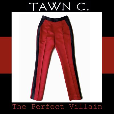 TAWN C. The Perfect Villain Red Silk Tuxedo Pants กางเกงผ้าไหมสีแดงทรงสอบแต่งแถบข้างสีดำสไตล์ทักสิโด้