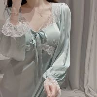 【 WYIN kitchen】 Fairy Women 39;s Sleepwear Dress Sexy Sweet Lace Princess Style V-neck Nightdress Long-sleeved MIini Pajamas