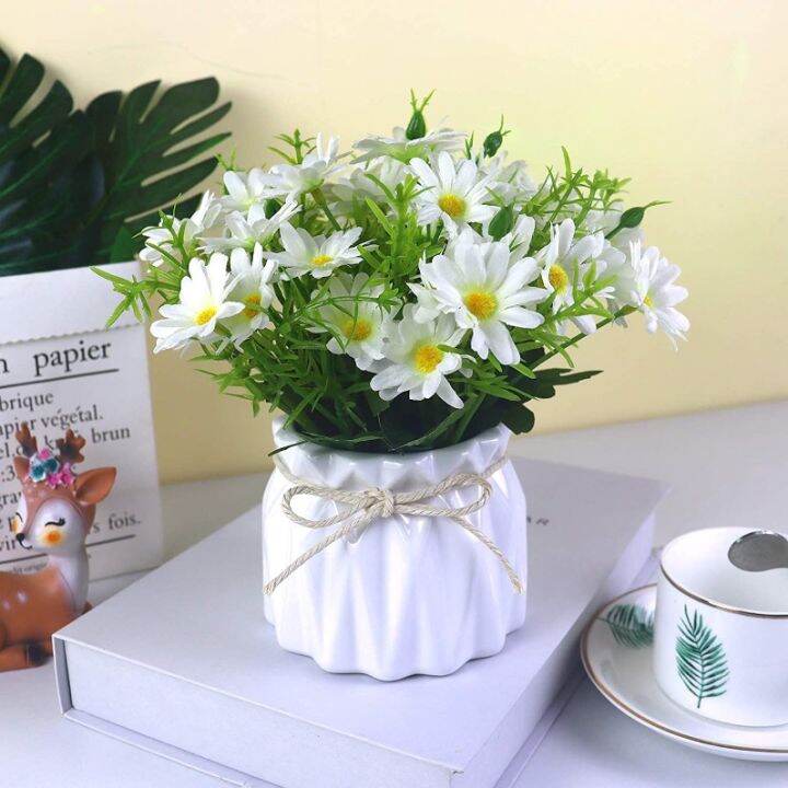 Artificial Daisy Bouquet Whitin Mini Potted Fake Silk Daisies Flowers