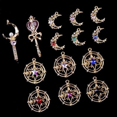 10 Pcs Alloy Star And Moon Pendant Magic Scepter Creative Rhinestone Button Ornaments Earrings Choker DIY Jewelry Accessories Haberdashery