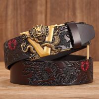 【CW】✥  New Male Cowskin Leather for Men Carving Pattern Buckle Jeans